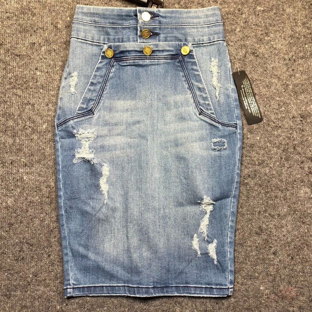 Bebe Jean Skirt Women's 24 Blue Stretch Denim Pencil Distressed NWT